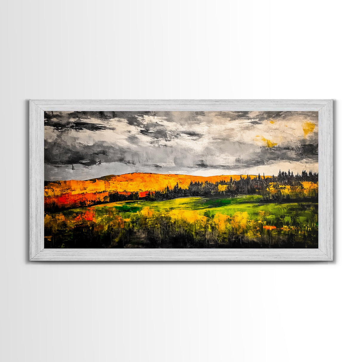Fall Mountain View, Golden Forest Landscape, Moody Sky Painting, Rustic Country Art, Autumn Scene, Vibrant Wall Decor, Framed Canvas Print