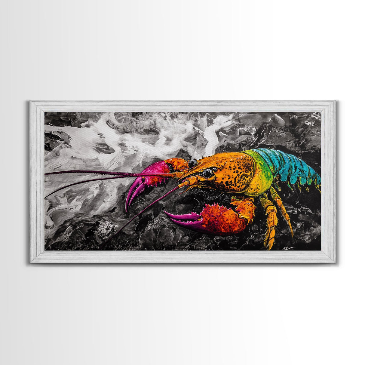 Rainbow Lobster, Colorful Crustacean, Bold Marine Art, Framed Canvas Print, Kitchen Decor, Vibrant Wall Art, Nautical Statement Piece