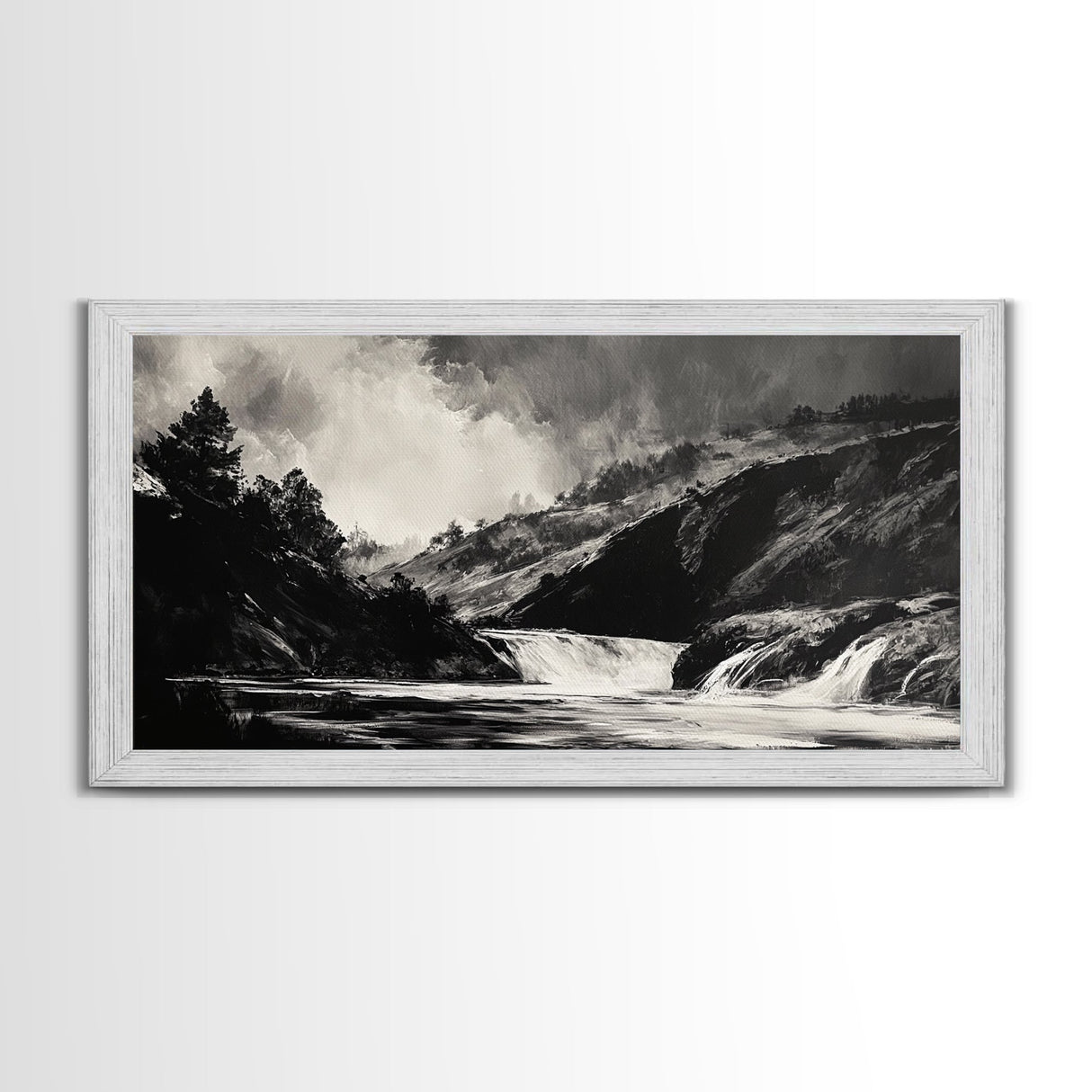 Waterfall Painting, Dramatic Nature, Mountain River, Framed Canvas Print, Monochrome Art, Nature Decor, Lodge Wall Art, Rustic Home