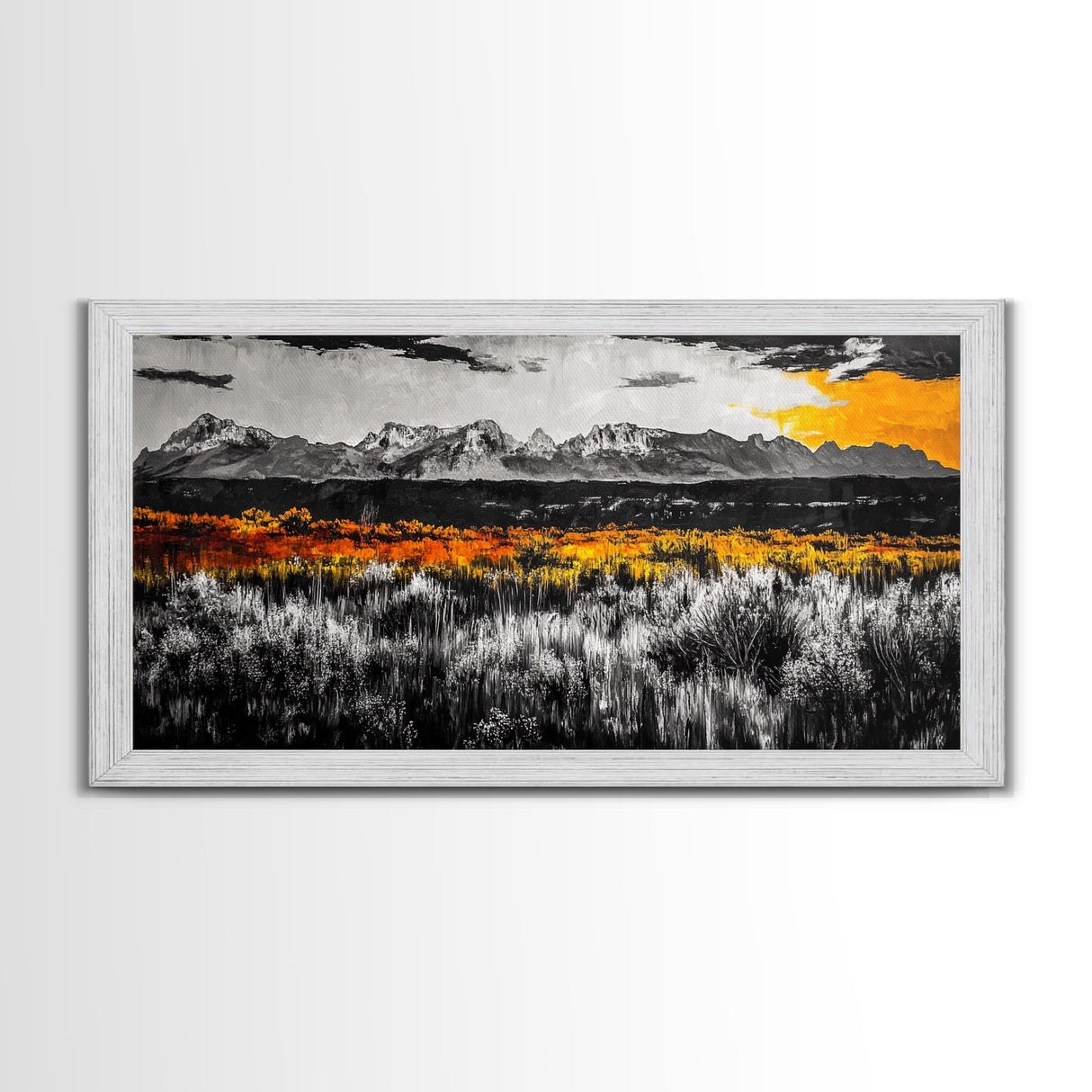 Mountain Range, Autumn Colors, Rustic Landscape, Moody Sky, Warm Tones, Framed Canvas Print, Cabin Wall Decor, Living Room Art