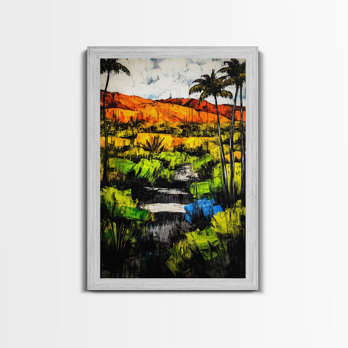 Tropical Landscape, Palm Trees, Sunset Glow, Framed Canvas Print, Vibrant Wall Art, Living Room Decor, Modern Colorful Art, Nature Scene