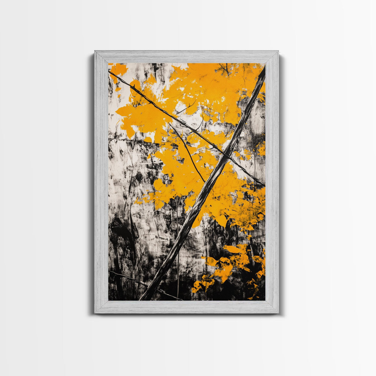 Abstract Autumn Leaves, Black White Orange, Nature Wall Art, Rustic Decor, Minimalist Fall Artwork, Living Room Art, Framed Canvas Print
