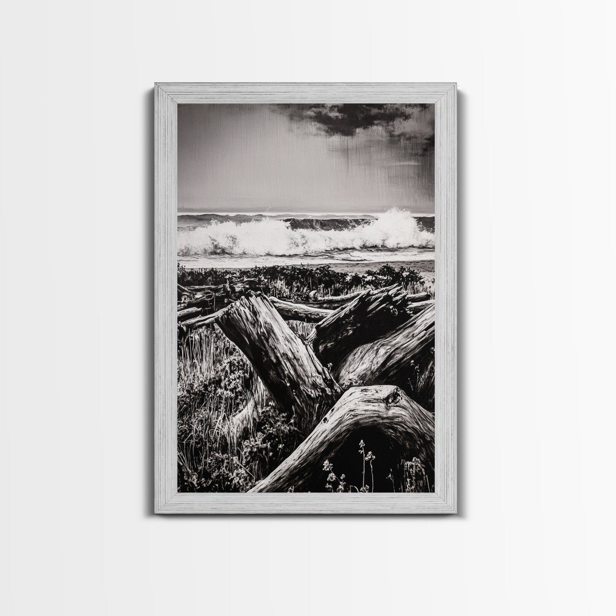Ocean Waves, Stormy Sky, Framed Canvas Print, Coastal Wall Art, Black and White Seascape, Beach House Decor, Nautical Art, Modern Style