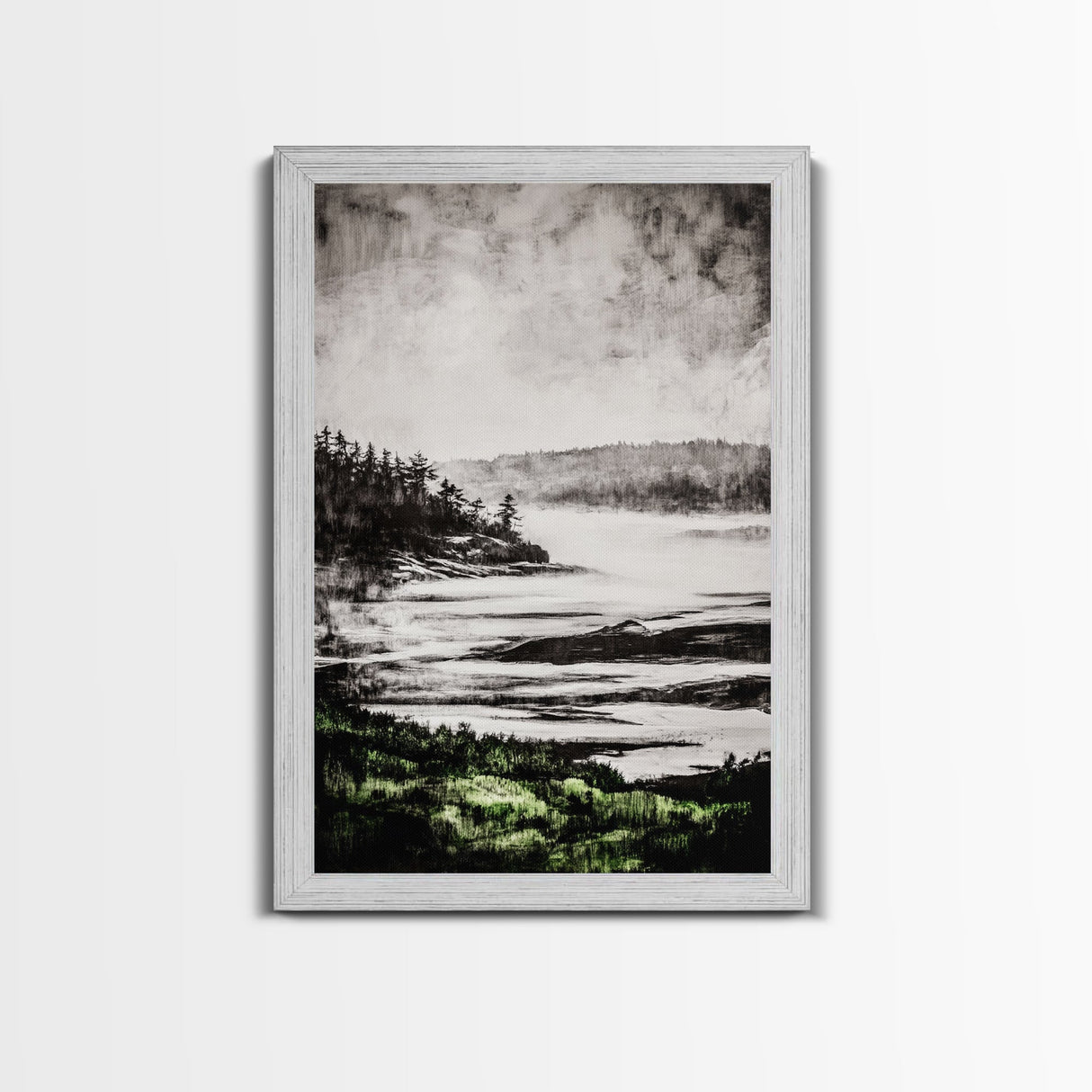 Misty Mountain View, Black and White Landscape, Minimalist Nature Wall Art, Bedroom Decor, Framed Canvas Print, Neutral Aesthetic