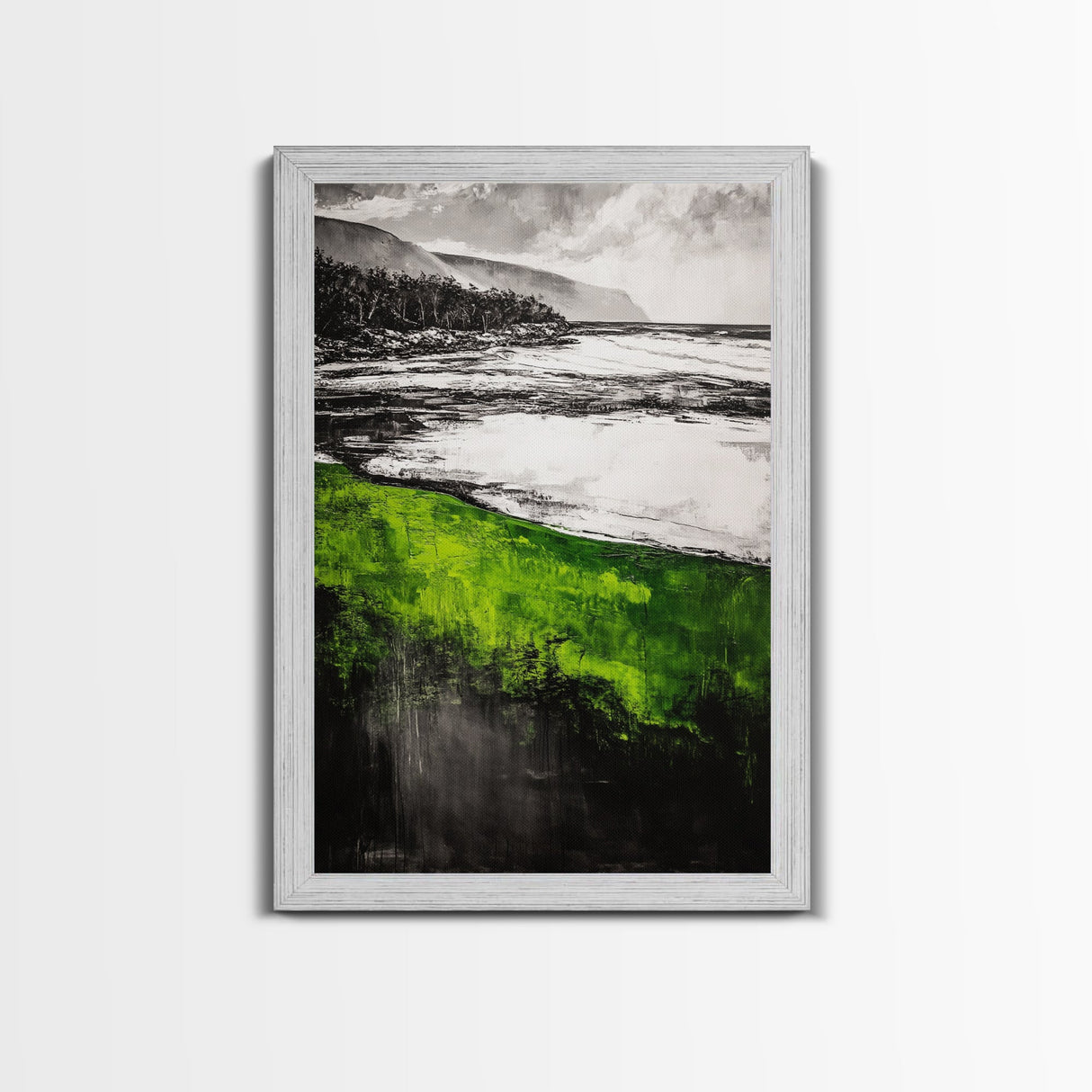 Green Coastal Hills, Ocean Shoreline Painting, Scenic Landscape Art, Office Wall Decor, Nature Inspired Print, Framed Canvas Print