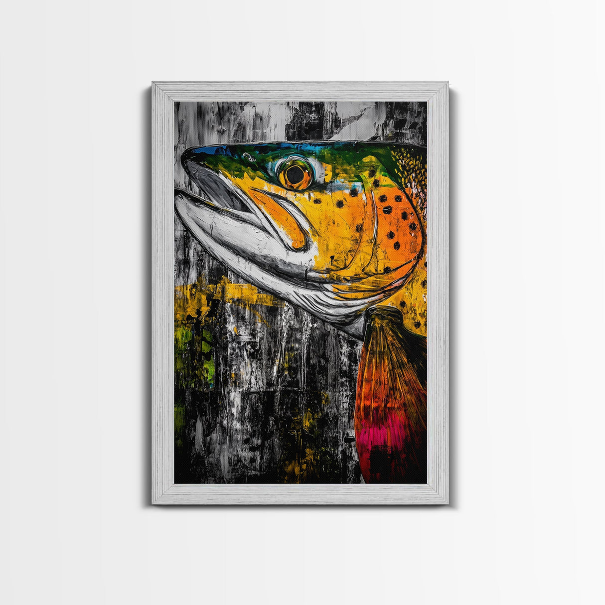 Vibrant Trout, Fishing Art, Rustic Wall Decor, Wildlife Art, Cabin Wall Art, Fisherman Gift, Framed Canvas Print, Nature Inspired Home