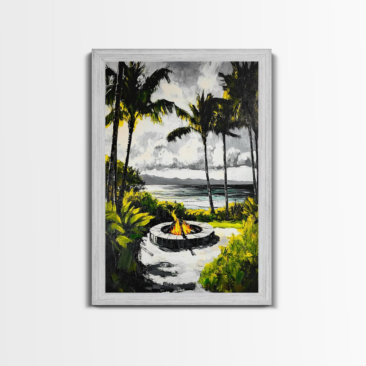 Palm Trees, Fire Pit, Coastal Escape, Beach House Decor, Black and White Art, Tropical Landscape, Canvas Print, Relaxing Wall Art