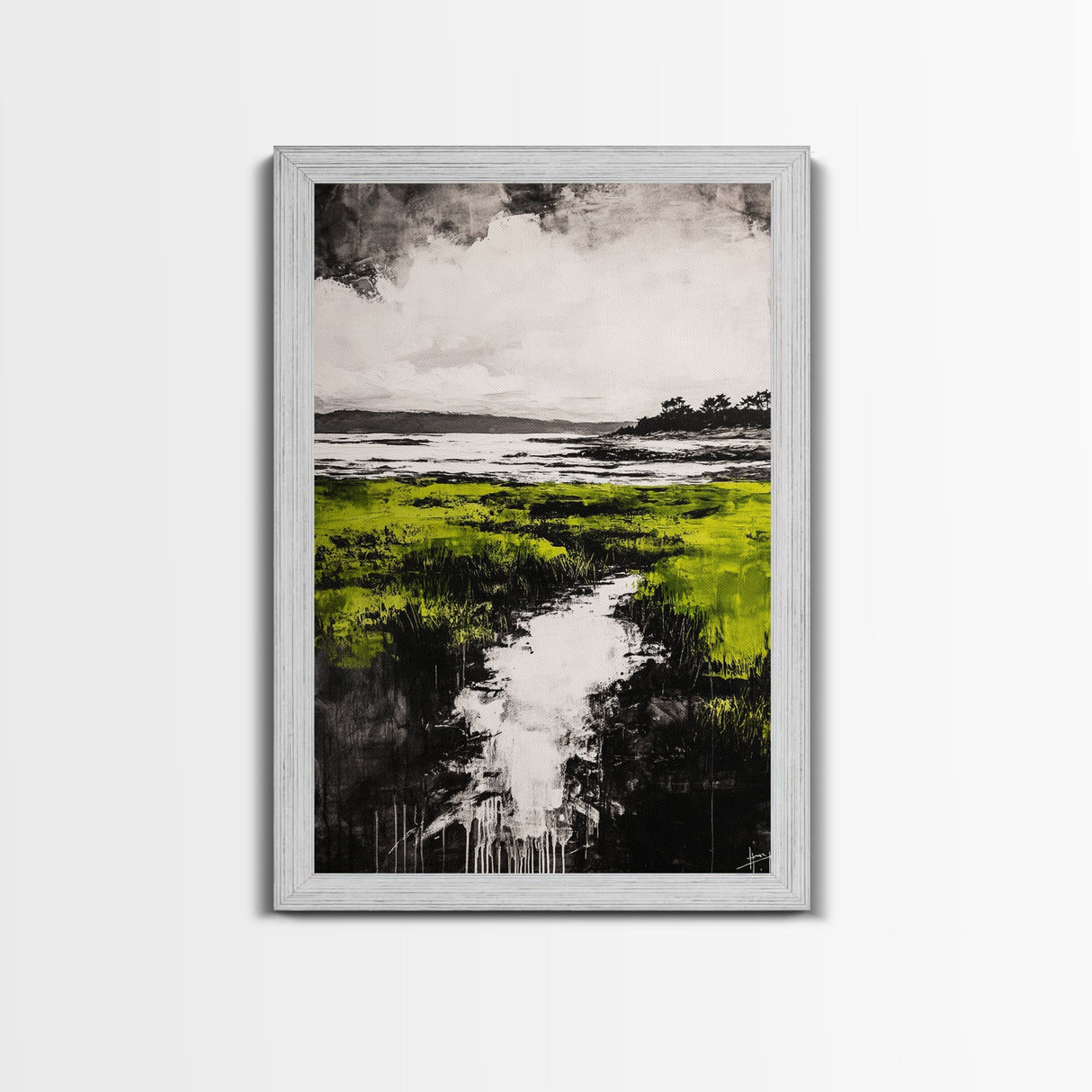 Marsh, Coastal Greenery, Landscape Wall Art, Framed Canvas Print, Nature Aesthetic, Living Room Decor, Serene Scenic View, Rustic Style