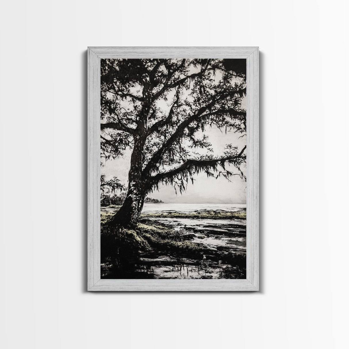 Tree Silhouette, Black White Art, Canvas Print, Dramatic Landscape, Coastal Wall Art, Nature Scene, Monochrome Decor, Minimalist Art