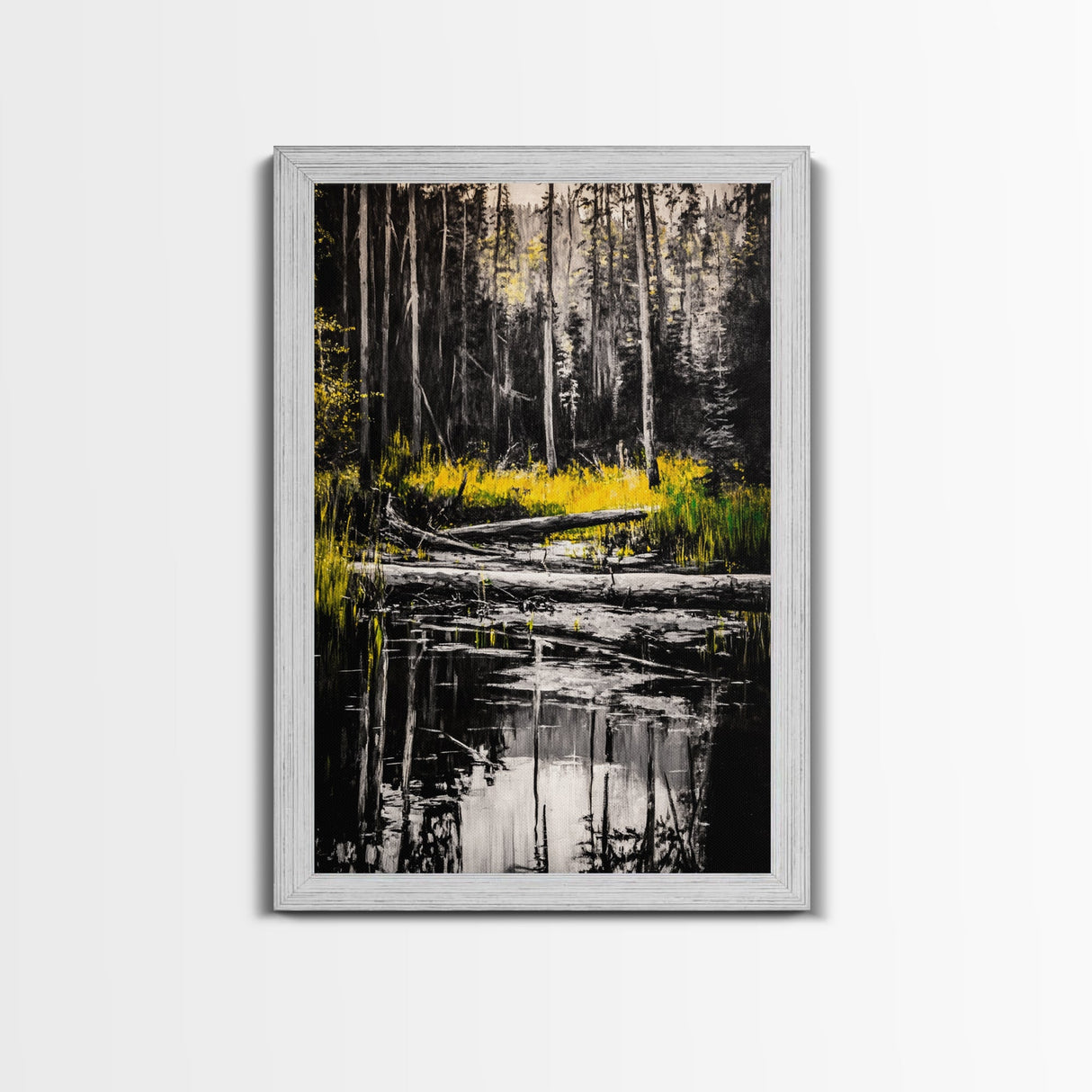 Forest Reflection, Black and White Landscape, Rustic Home Art, Nature Inspired Painting, Cabin Wall Decor, Framed Canvas Print