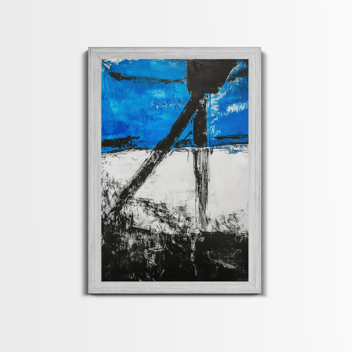 Abstract Blue Horizon, modern minimalist art, bold blue painting, industrial decor, expressive wall art, framed canvas print, office wall
