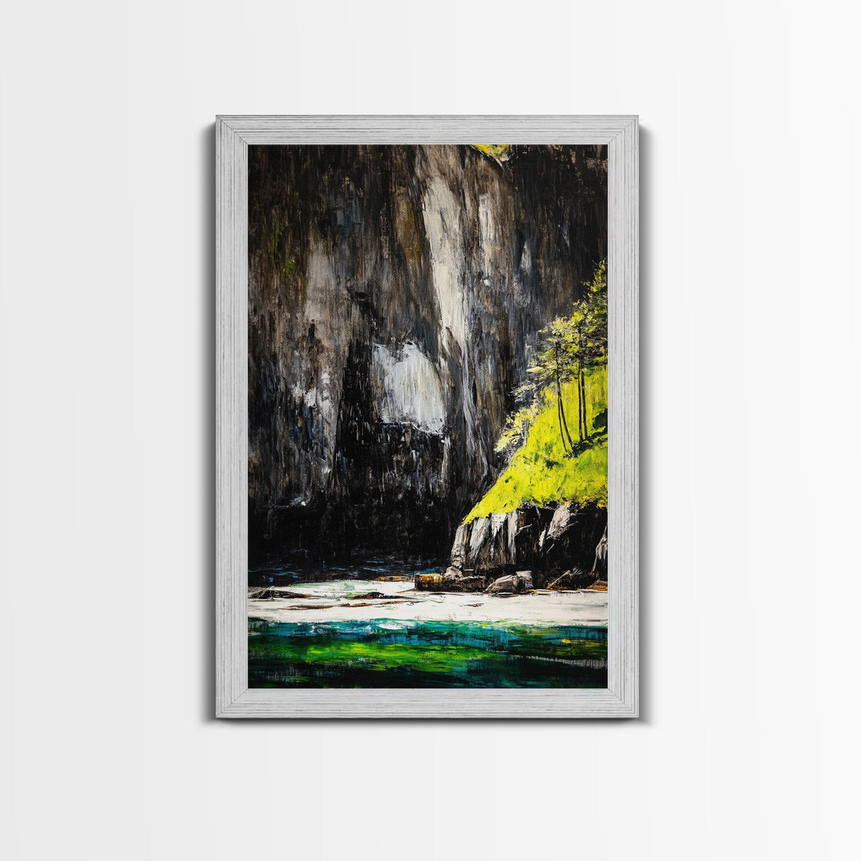Mountain River, Nature Landscape Art, Moody Scenic Painting, Rustic Home Wall Art, Black and White Aesthetic, Framed Canvas Print