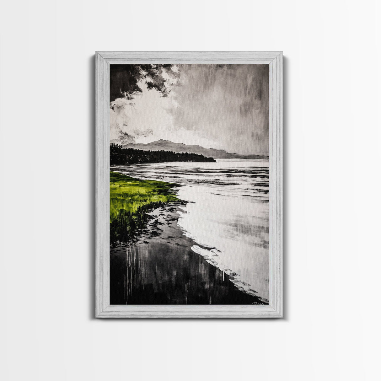 Moody Lake Scene, Black White Green, Framed Canvas Print, Nature Landscape Painting, Serene Wall Art, Contemporary Home Decor