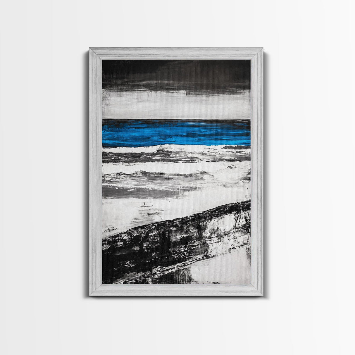 Ocean Horizon, Minimalist Seascape Painting, Black White and Blue Coastal Art, Framed Canvas Print, Modern Living Room or Office Wall Decor