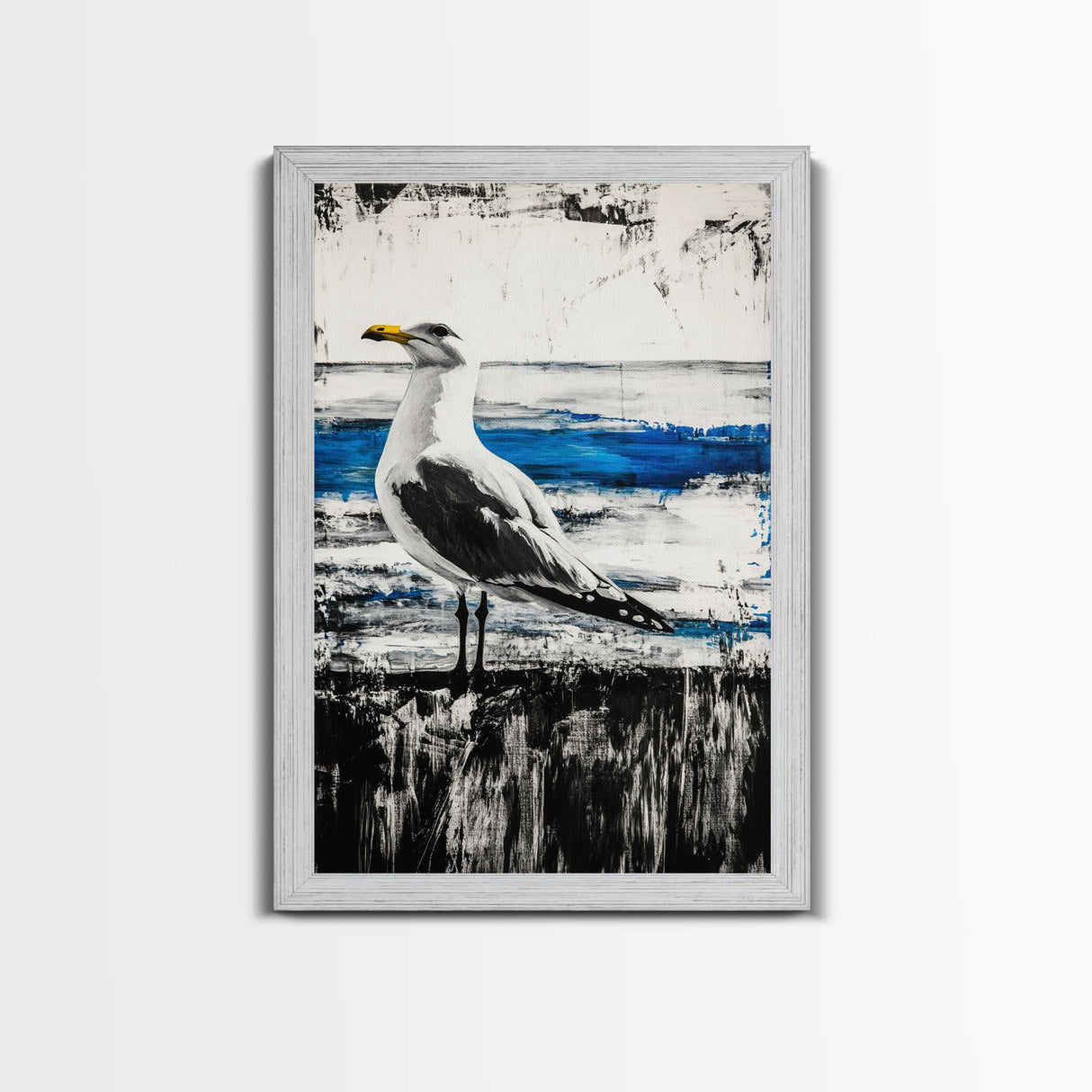 Seagull Painting, Coastal Bird Art, Ocean Wall Decor, Nautical Home Art, Blue and White Theme, Framed Canvas Print, Beach House Decor