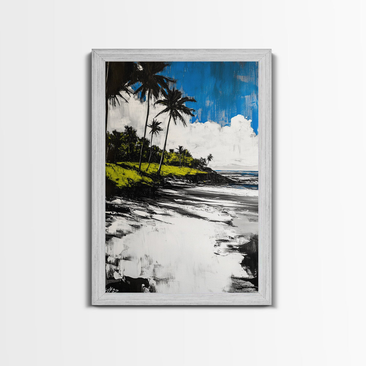 Tropical Beach, Palm Tree Art, Coastal Wall Decor, Canvas Print, Modern Seaside Artwork, Blue and Green Painting, Living Room Statement