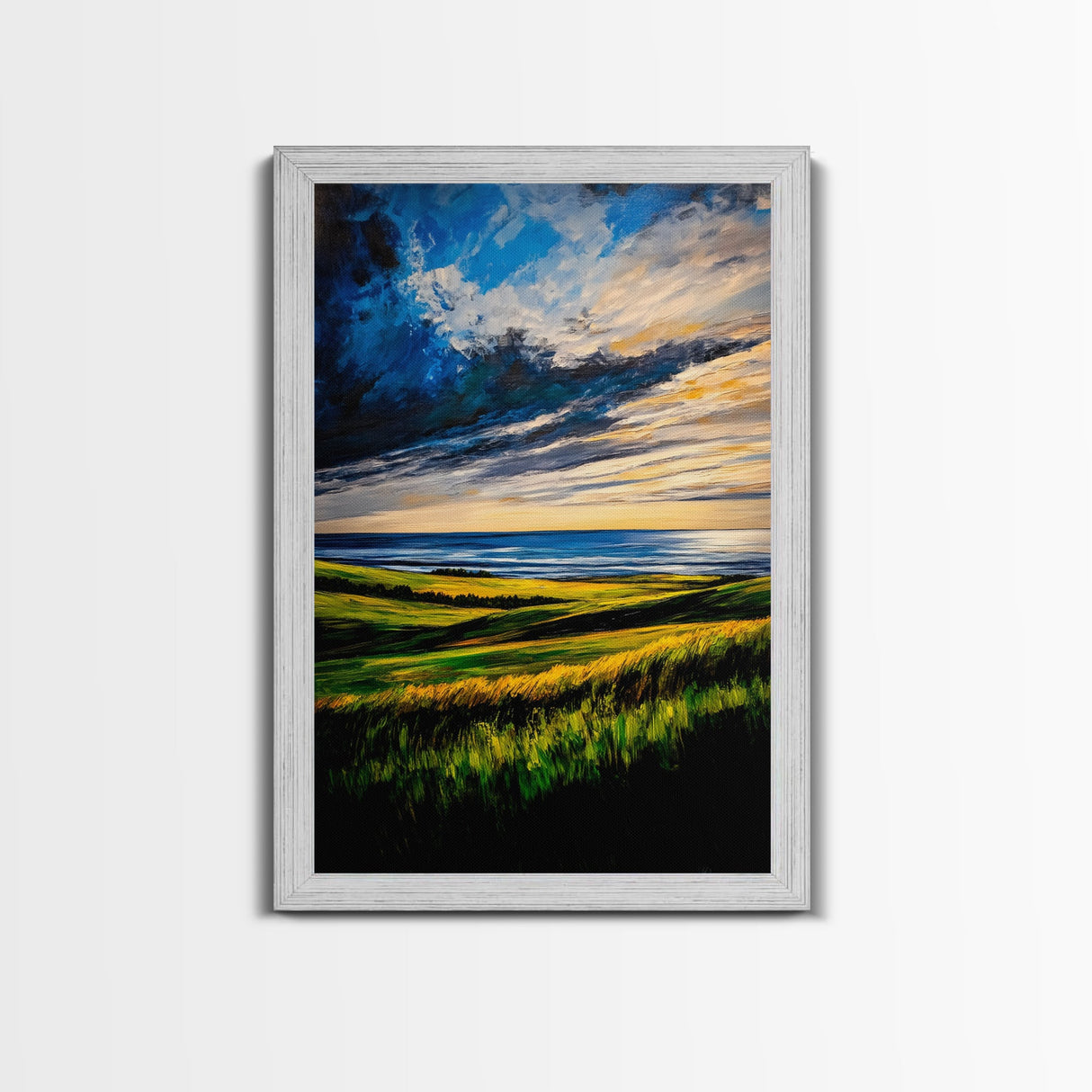 Sunset Over Hills, Coastal Fields, Dramatic Sky, Nature Wall Art, Framed Canvas Print, Vibrant Home Decor, Rolling Landscape, Ocean View