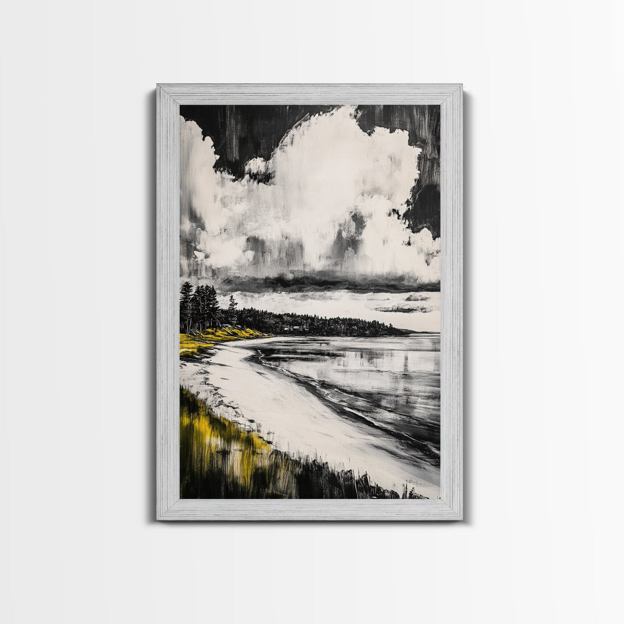 Tranquil Shoreline, Coastal Landscape, Framed Canvas Print, Beach House Wall Art, Ocean View, Minimalist Seascape, Living Room Accent