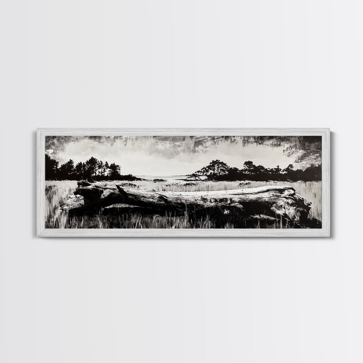 Driftwood Beach, Coastal Landscape, Framed Canvas Print, Black and White Wall Art, Nature Photography Style, Serene Home Decor, Bedroom Art