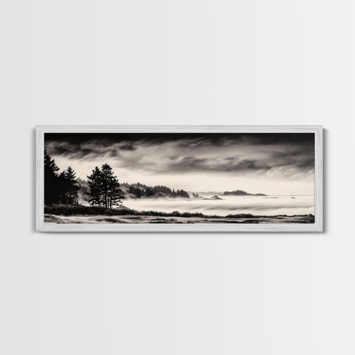 Misty Forest, Black and White Landscape, Minimalist Art, Large Wall Decor, Living Room Wall Art, Framed Canvas Print, Rustic Home Decor
