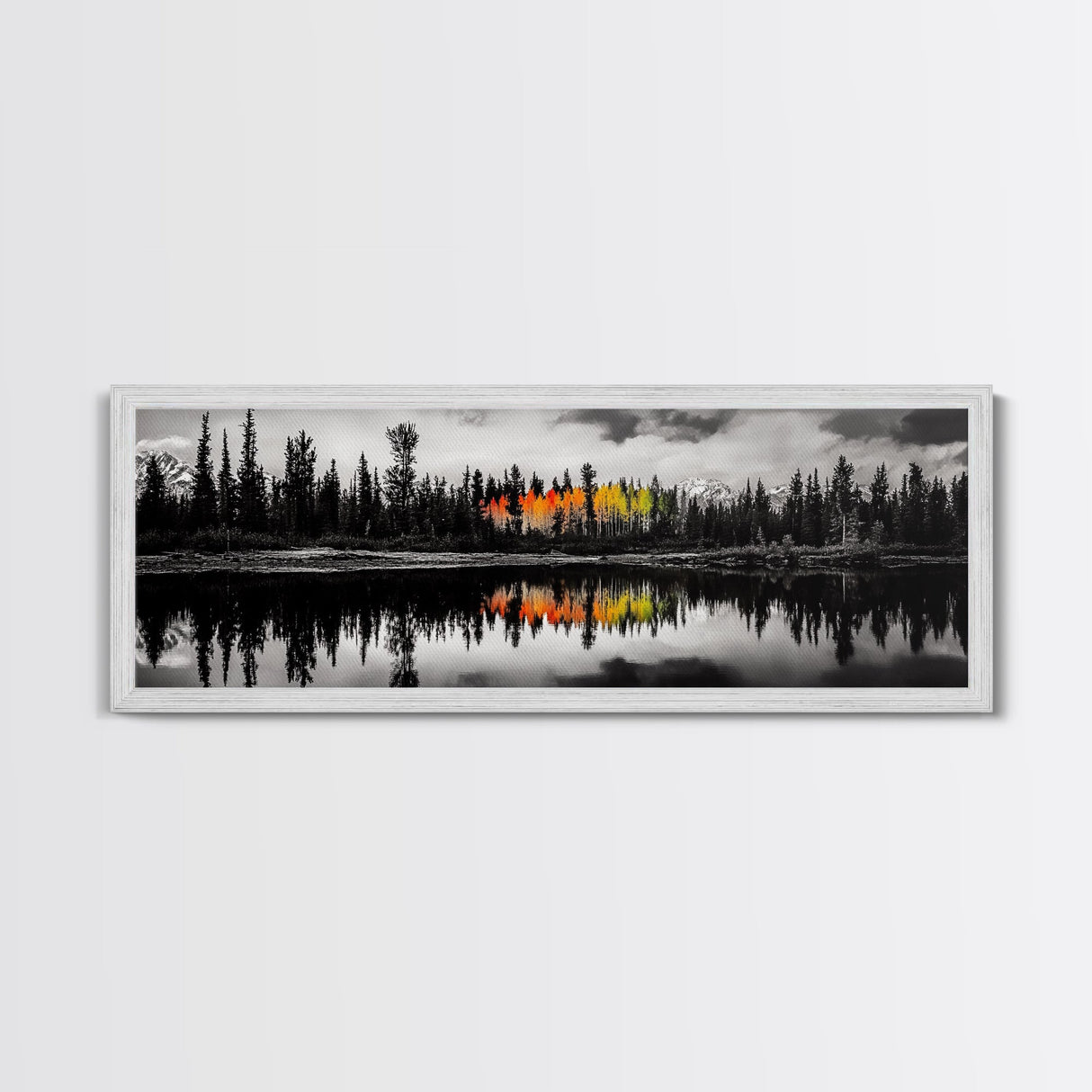 Fall Reflections, Black and White Forest, Vibrant Autumn Colors, Nature Photography, Living Room Wall Art, Canvas Print, Large Wall Art