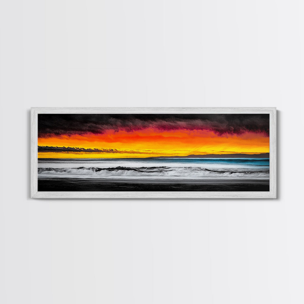 Fiery Sunset, Beach Scene, Ocean Waves, Vibrant Seascape, Framed Canvas Print, Living Room Art, Modern Coastal Wall Art, Beach House Decor