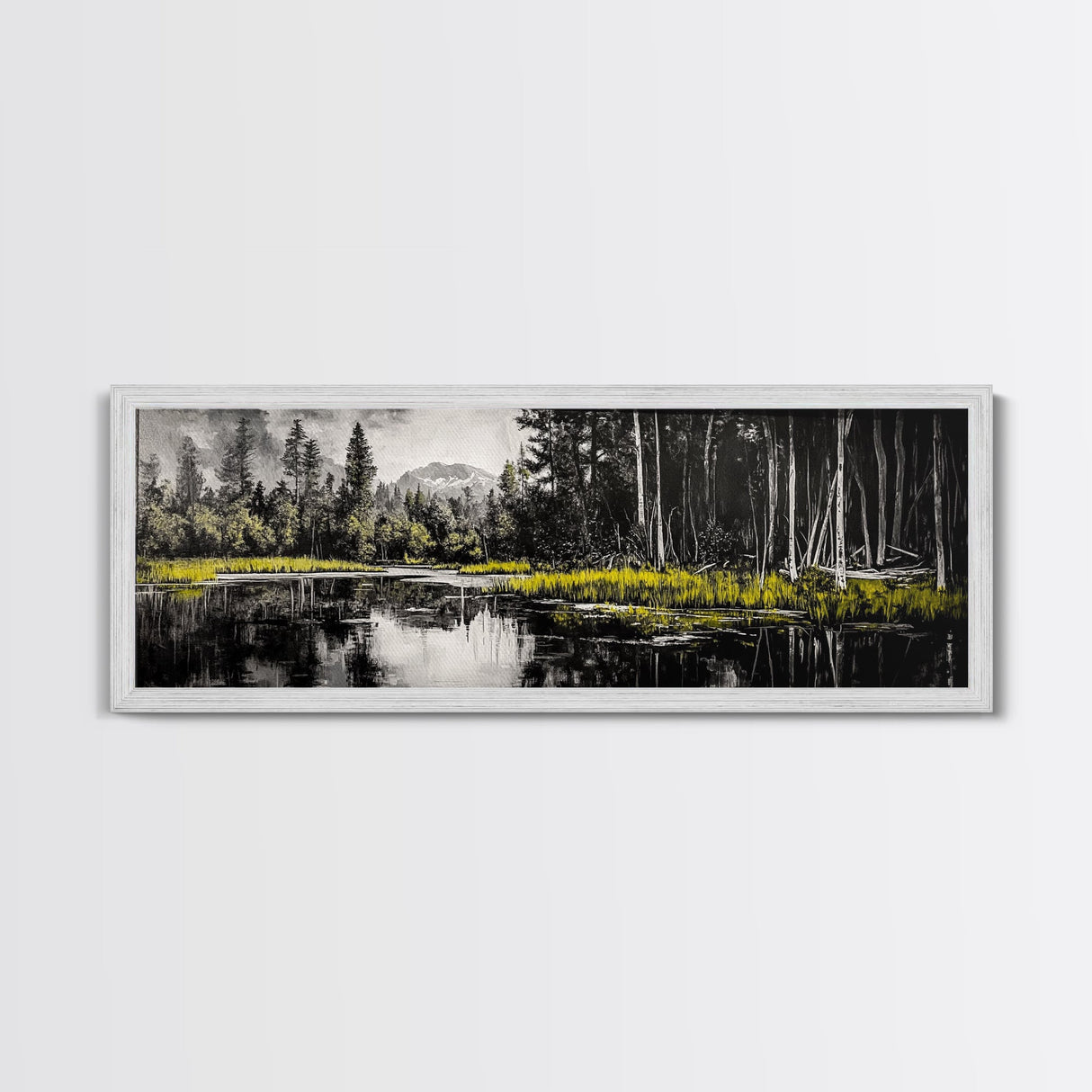 Misty Forest, Mountain Reflections, Black and White Nature Art, Framed Canvas Print, Living Room Decor, Wilderness Wall Art, Scenic Landscape