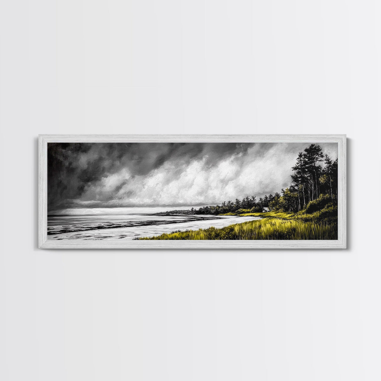 Stormy Coast, Dramatic Sky, Seaside Serenity, Framed Canvas Print, Black and White Art, Large Wall Decor, Living Room Statement