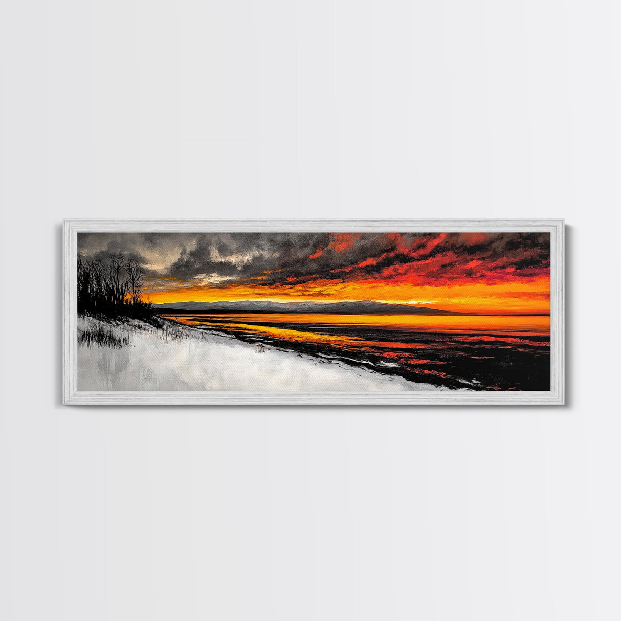 Snowy Shore, Golden Glow, Winter Sunset, Framed Canvas Print, Lake House Art, Dramatic Skies, Rustic Home Decor, Cabin Wall Art