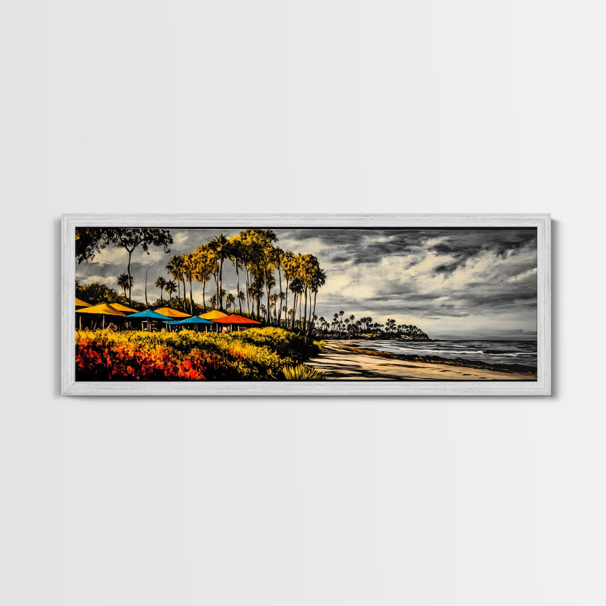 Tropical Beach, Palm Trees Art, Coastal Canvas Decor, Vibrant Ocean Art, Colorful Landscape, Living Room Wall Art, Framed Canvas Print