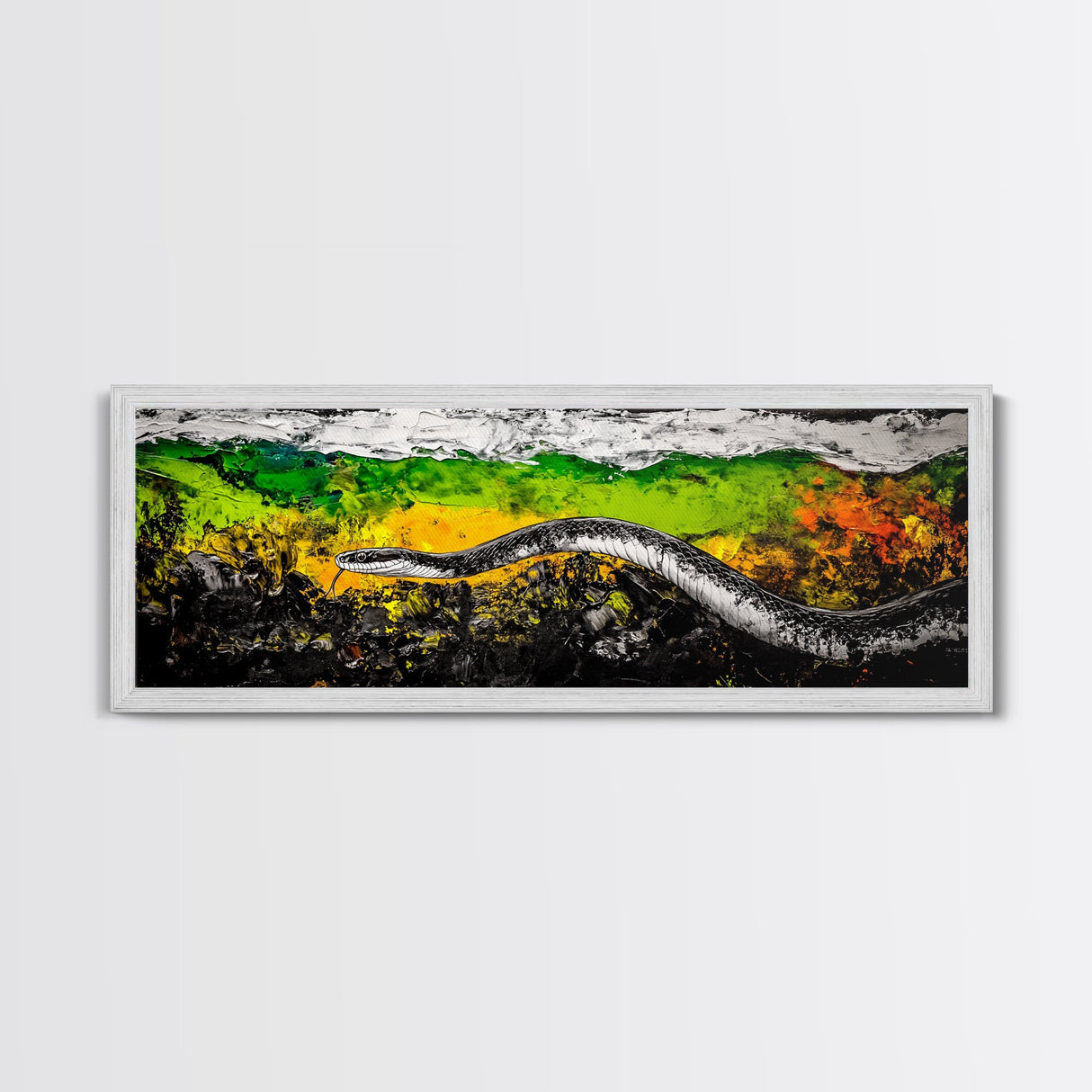 Abstract Snake, Vibrant Reptile Art, Jungle Theme, Wildlife Painting, Green and Yellow, Bold Nature Print, Framed Canvas Print