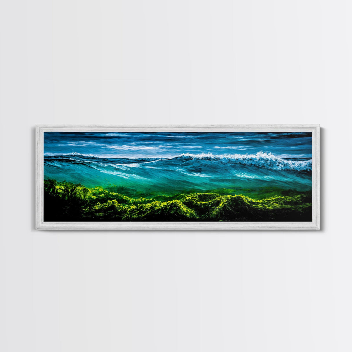 Ocean Wave, Deep Blue Seascape, Underwater Scene, Green and Blue, Coastal Home Decor, Tropical Wall Art, Framed Canvas Print