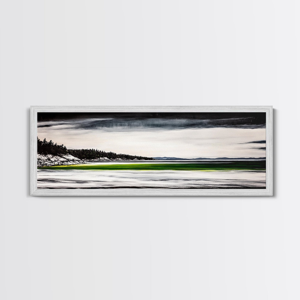 Serene Lake, Monochrome Water Art, Minimalist Nature, Dramatic Sky, Green Accent, Modern Home Wall Decor, Framed Canvas Print