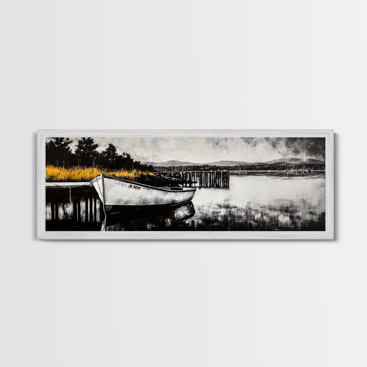 Rustic Boat, Black and White, Nautical Wall Art, Coastal Home Decor, Lake House Art, Large Wall Art, Framed Canvas Print, Living Room Art