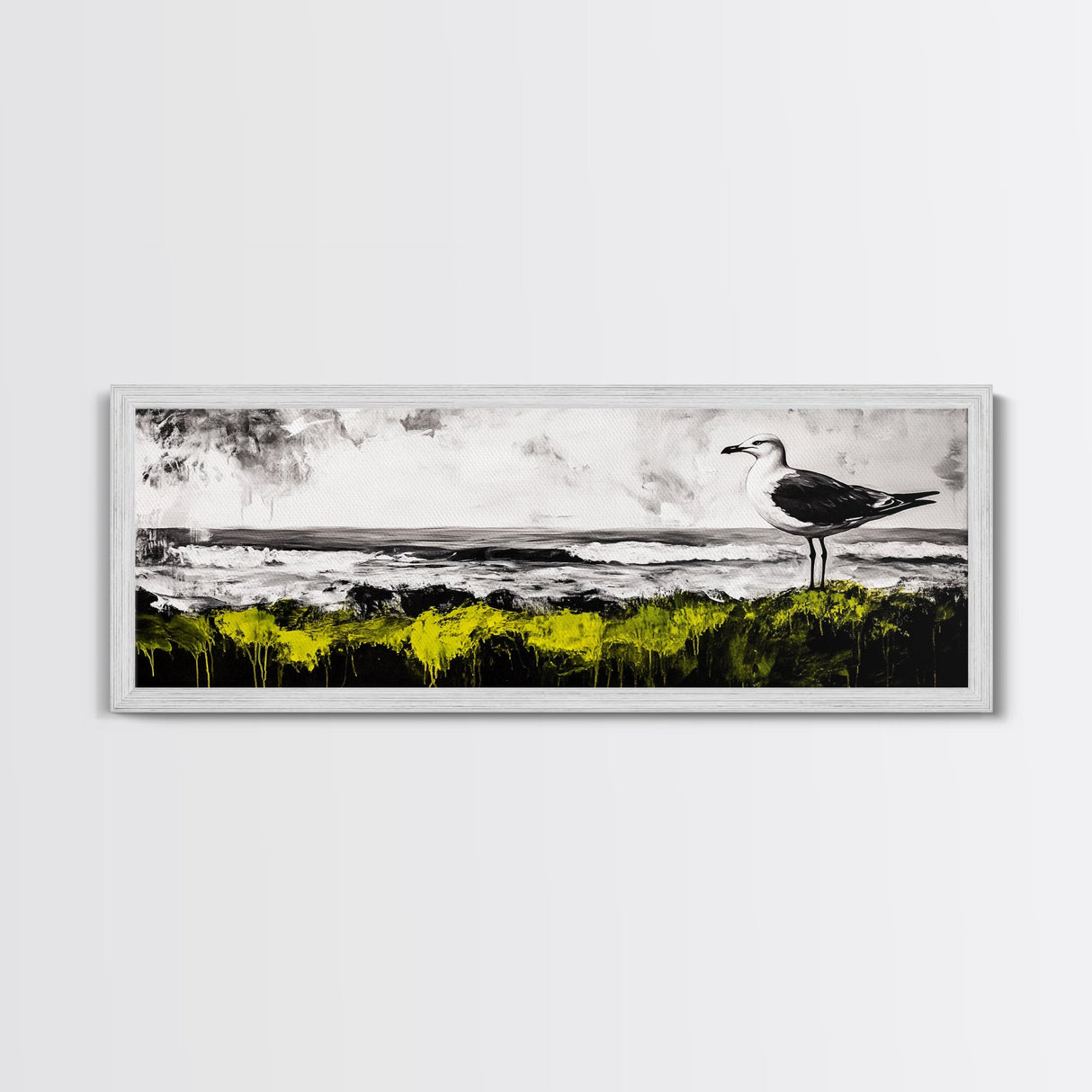 Seagull Perch, Ocean Shore, Moody Sky, Framed Canvas Print, Coastal Wall Art, Beach House Decor, Nautical Artwork, Nature Inspired