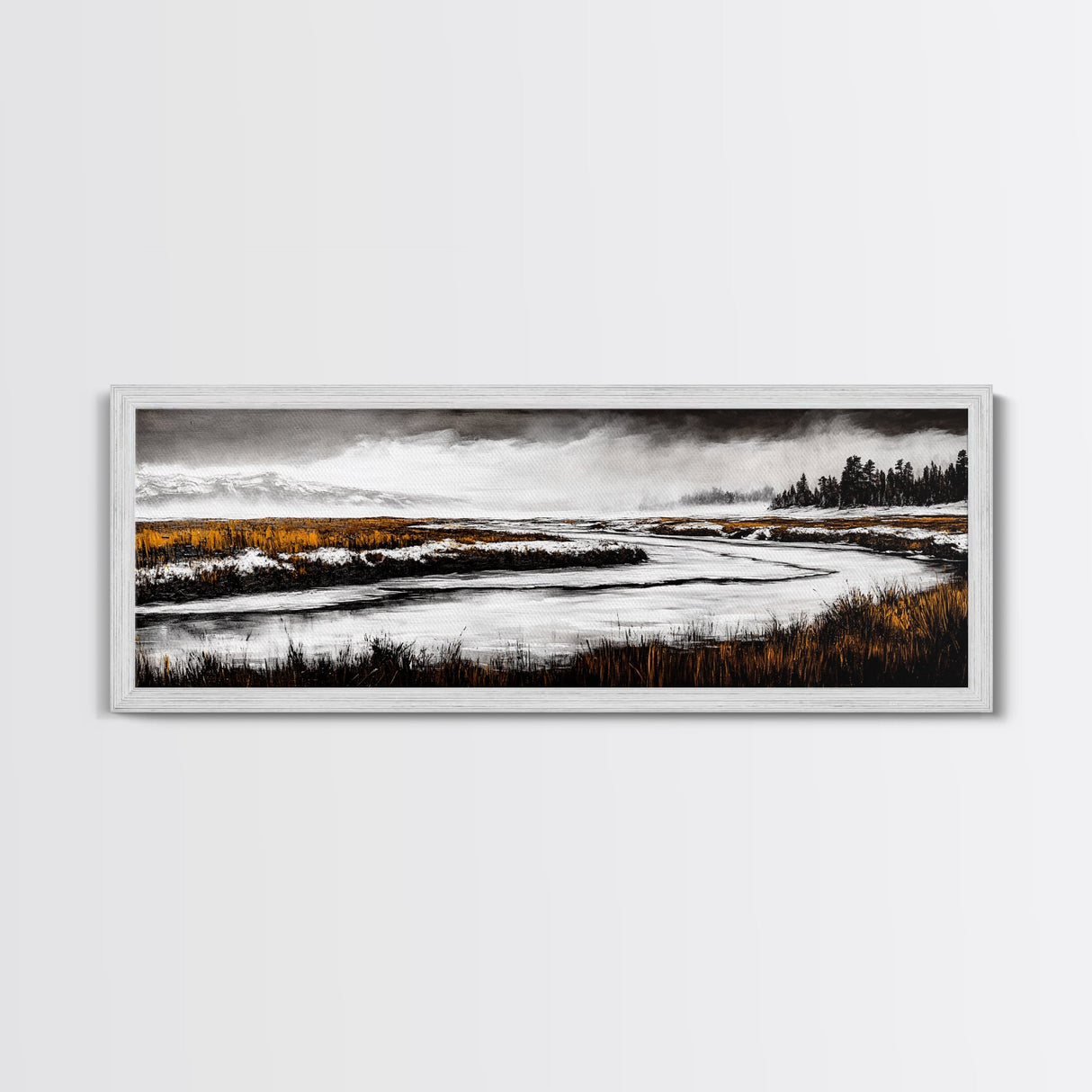 Snowy River Artwork, Mountain Landscape Painting, Rustic Winter Decor, Black and White Wall Art, Nature Print, Living Room Art, Canvas Print