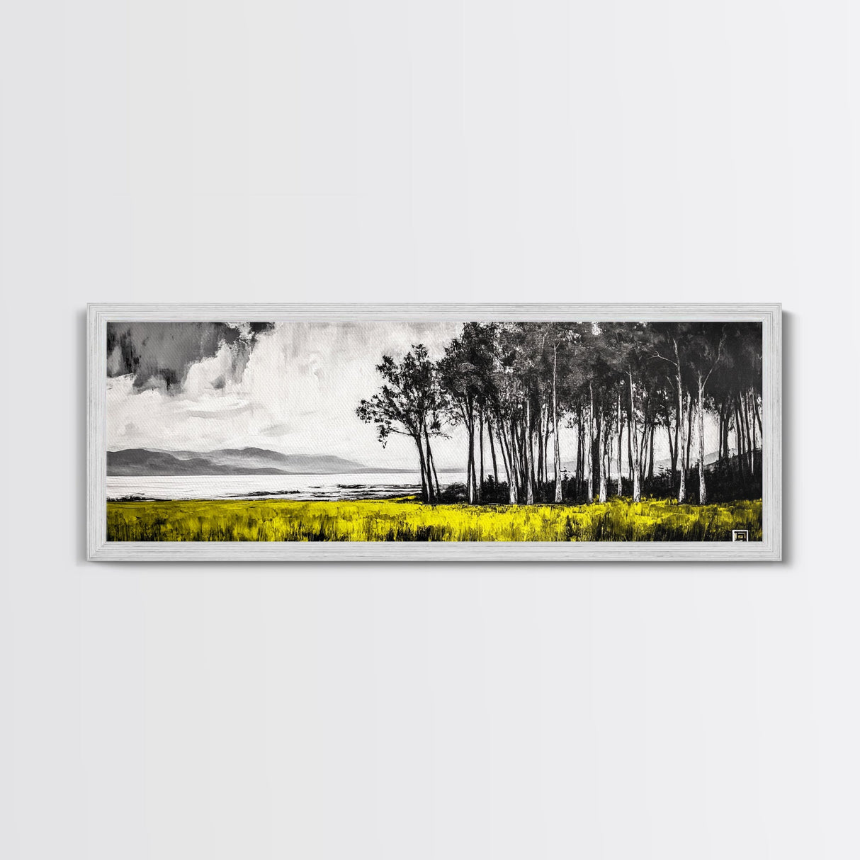 Lakeside Trees, Tranquil Landscape Art, Serene Nature Print, Black White Wall Decor, Peaceful Home Aesthetic, Framed Canvas Print