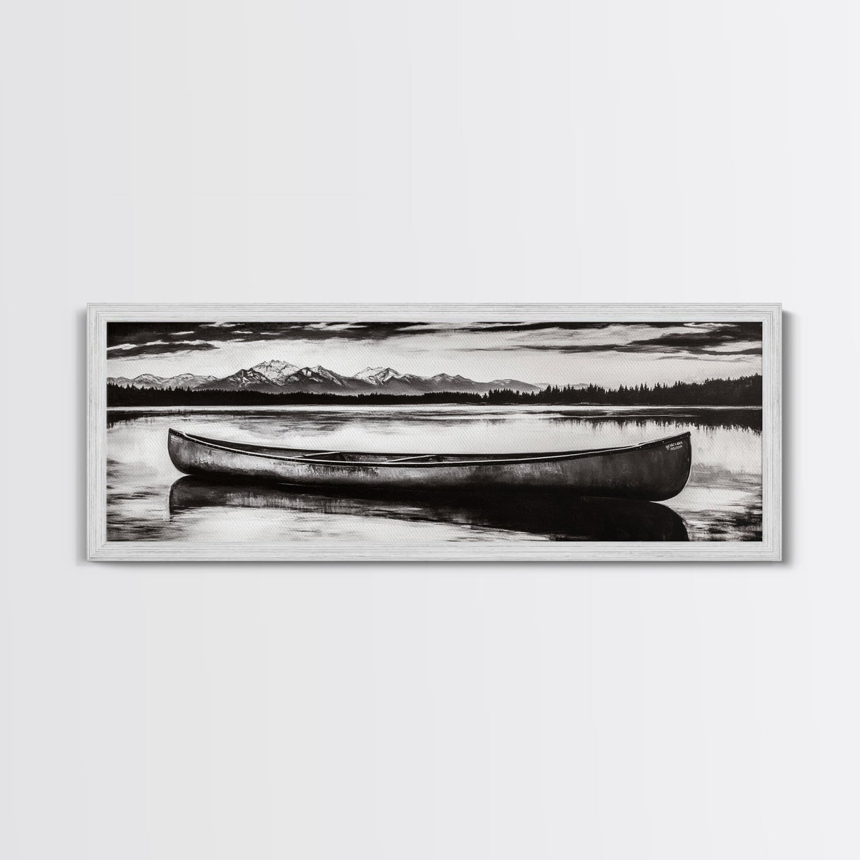 Mountain Reflections, Canoe Art, Wilderness Wall Decor, Canvas Print, Black and White Landscape, Lake House Art, Rustic Cabin Art