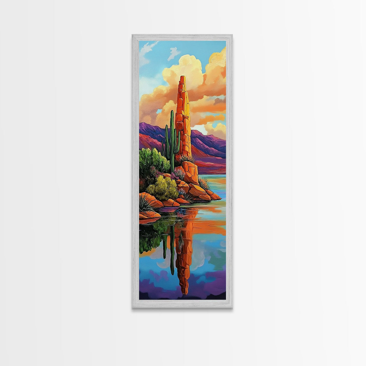 Desert Cactus, Reflection Art, Framed Canvas Print, bold southwest landscape, cacti and red rock lake scene, rustic style living room wall art