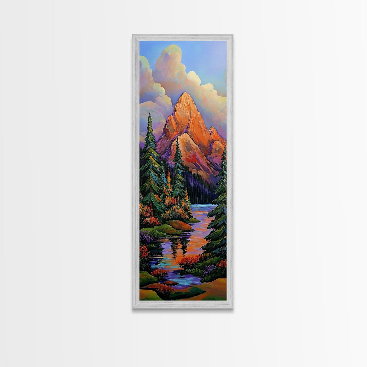 Mountain Pines, Autumn Stream, Framed Canvas Print vibrant alpine landscape painting, autumn trees and lake reflection, rustic lodge wall decor