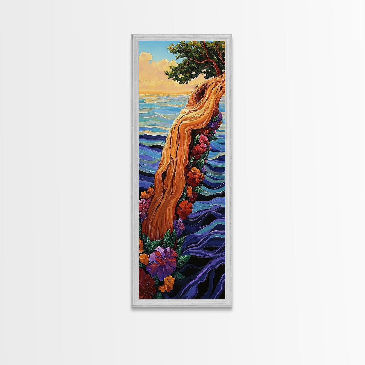 Driftwood Tree, Ocean Flowers, Nature Fantasy, Framed Canvas Print, colorful whimsical beach art, botanical art, coastal living room decor