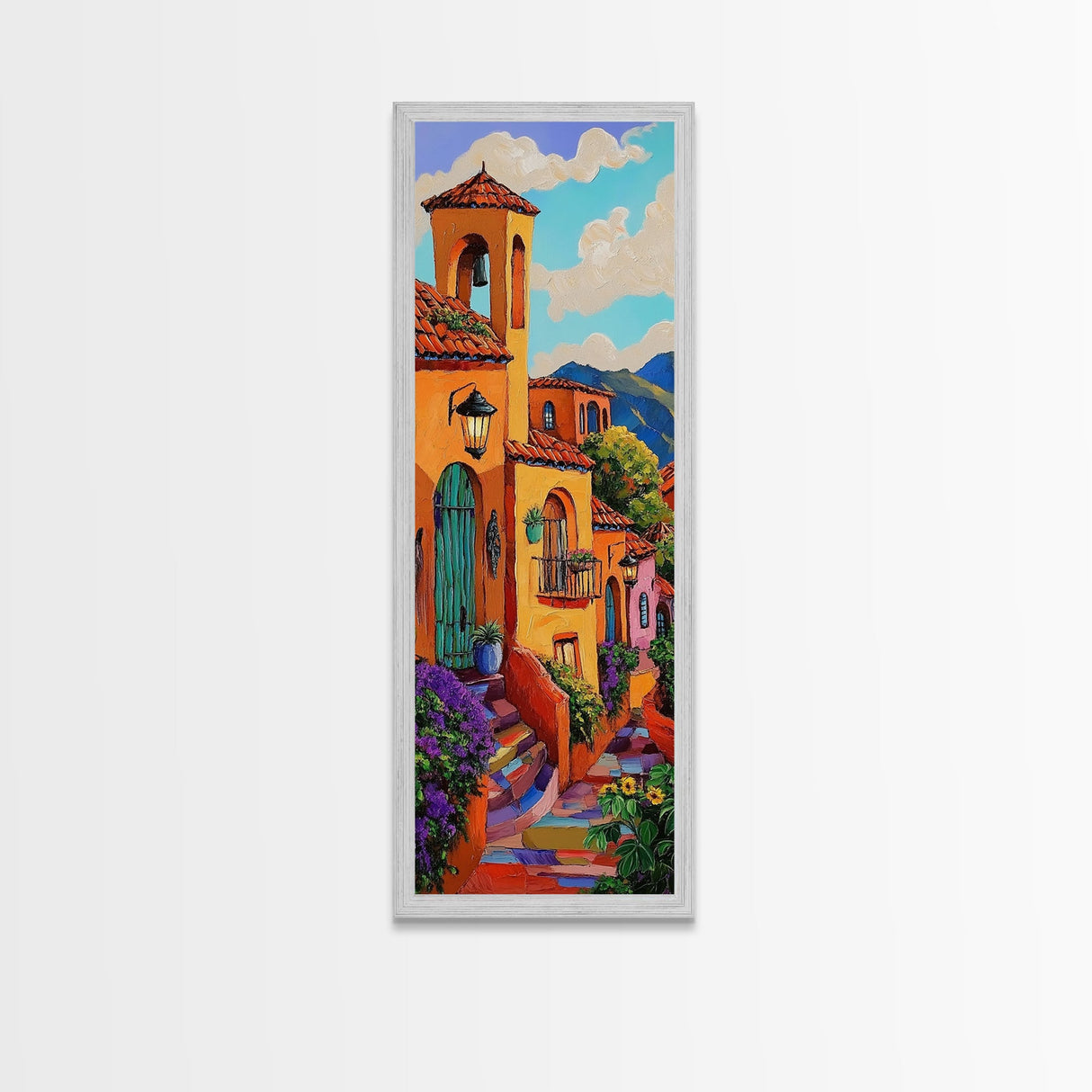 Village Steps, Warm Colors, Terracotta Homes, Canvas Print, vibrant street view painting, boho rustic style, hallway or kitchen wall art