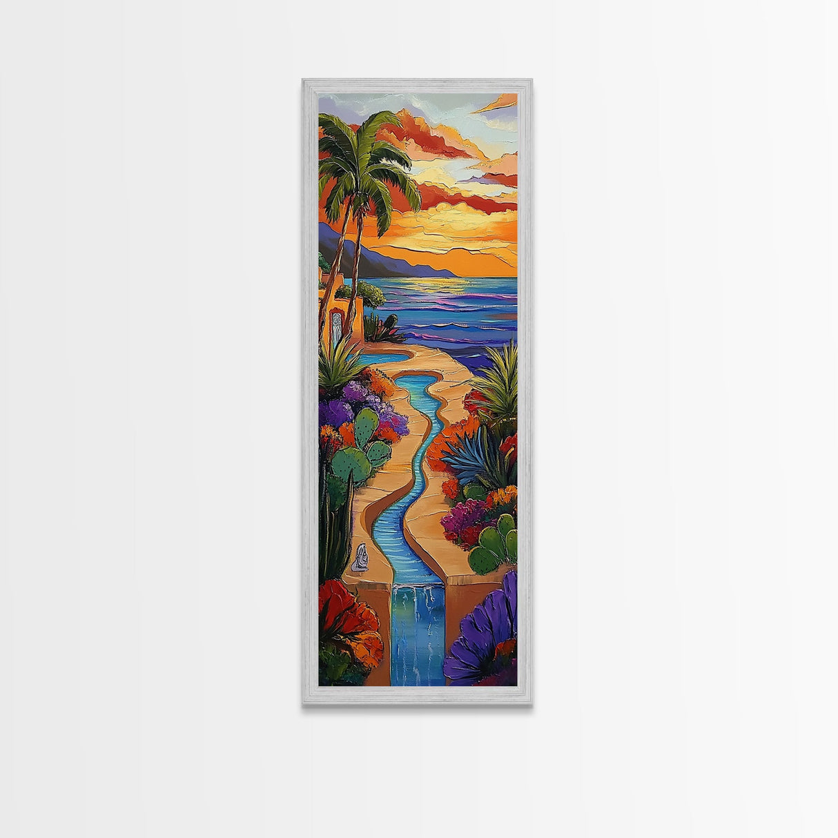 Sunset, Palms, Cactus, Stream - Framed Canvas Print, Tropical Desert Wall Art, Southwest Coastal Decor, Colorful Living Room Boho Painting