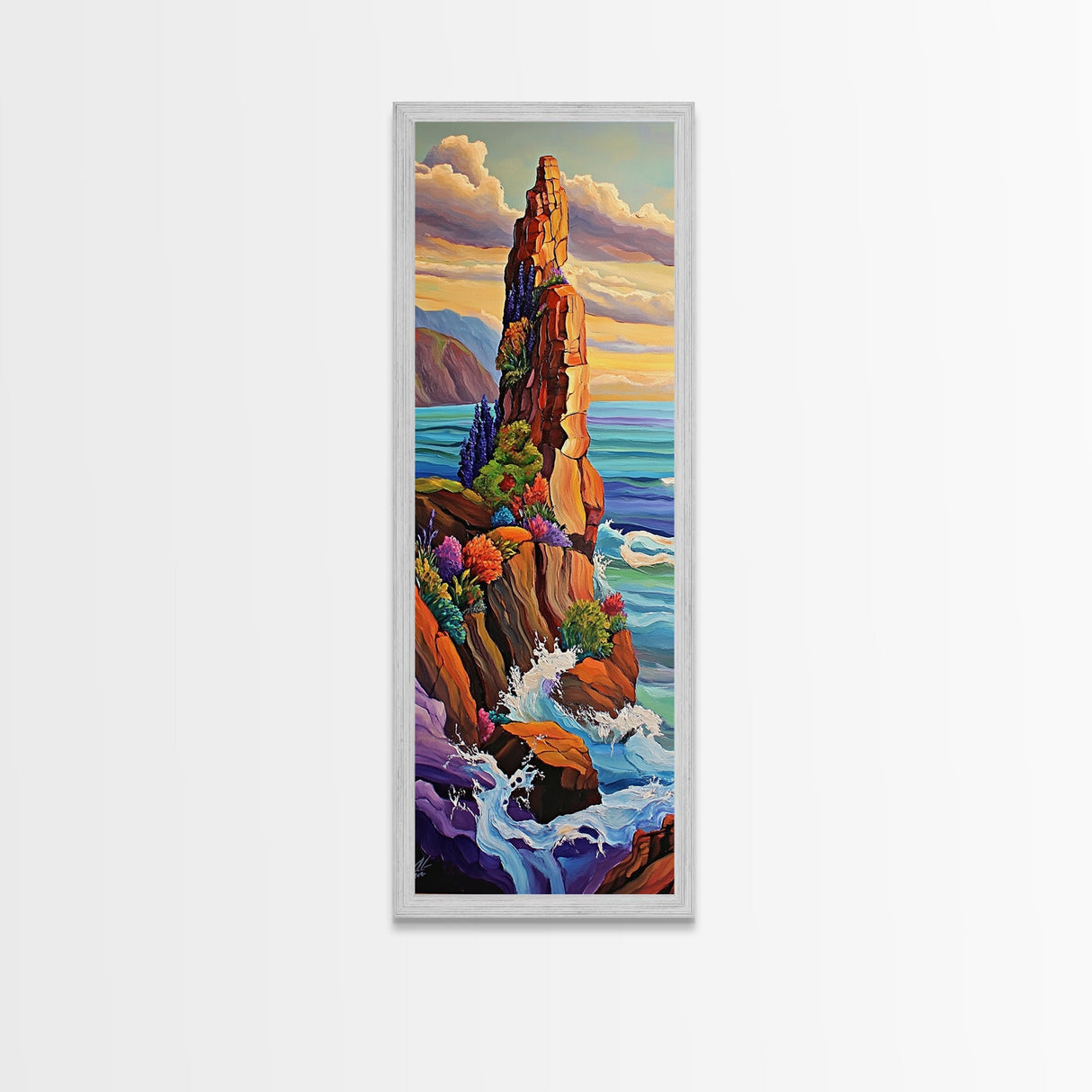Cliff, Ocean, Wildflowers, Waves, Framed Canvas Print, Coastal nature wall art, vibrant landscape decor, colorful living room painting