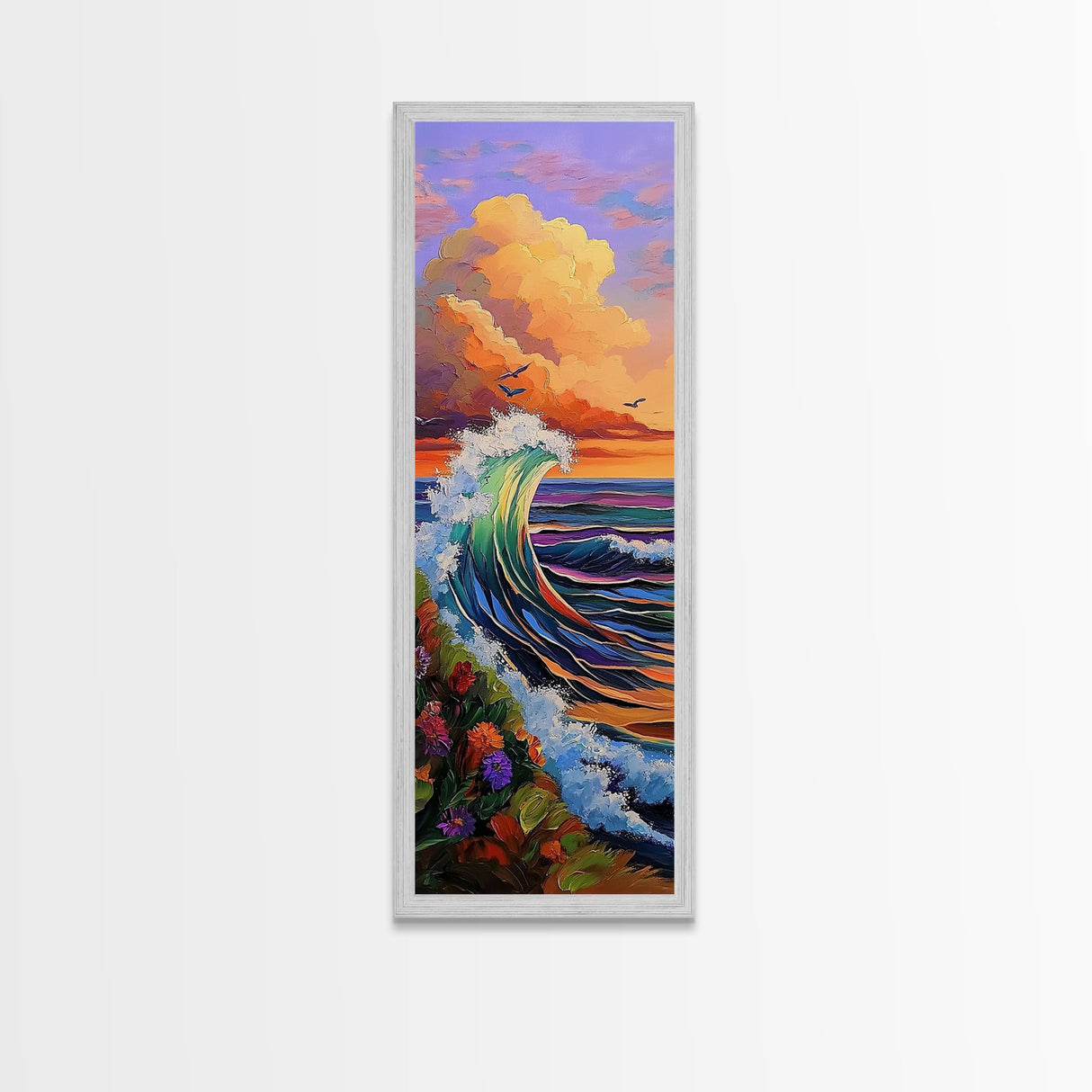 Wave, Sunset, Surf, Ocean, Canvas Print, dramatic wave crashing painting, sunset surf wall art, vibrant beach decor, surf shack canvas