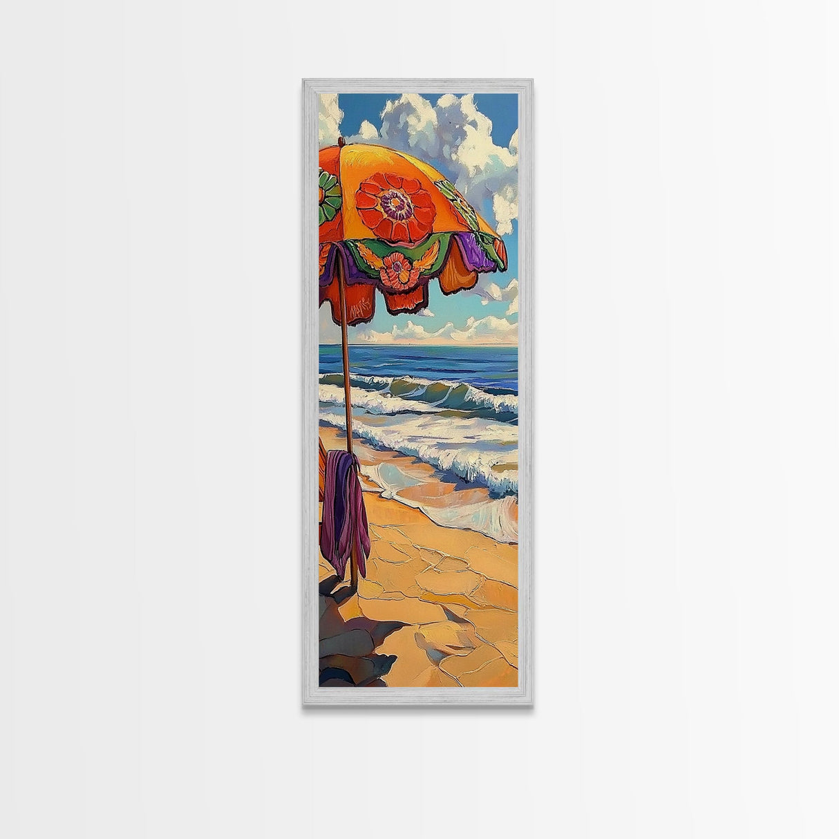Beach, Umbrella, Waves, Retro Summer Vibes Coastal Framed Canvas Print, Colorful Ocean Wall Art, Beach House Decor, Living Room Art