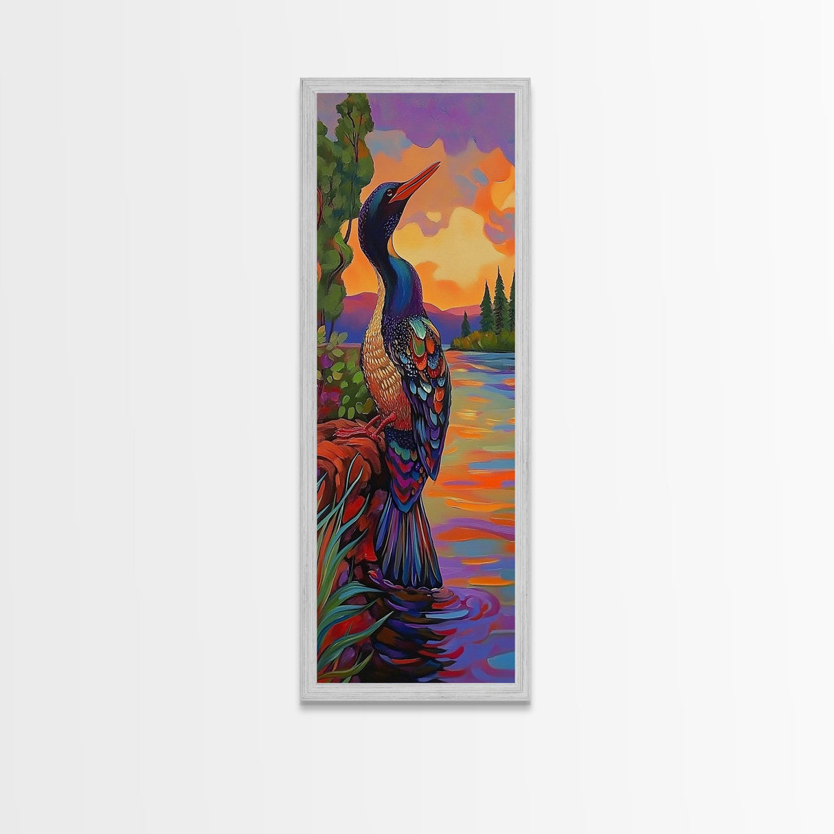 Sunset, Lake, Bird, Nature, Framed Canvas Print vibrant lakeside bird wall decor colorful boho birdwatching themed bedroom wall art