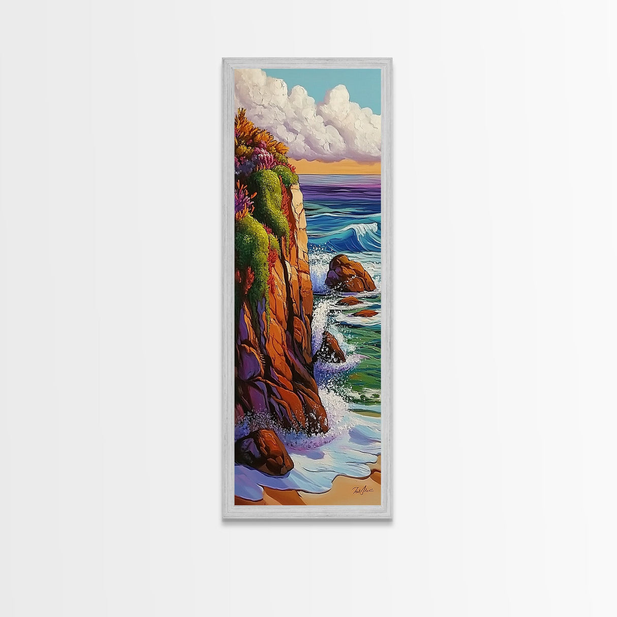 Cliff, Ocean, Waves, Nature, Framed Canvas Print of dramatic coastal waves, serene beach art, bathroom wall decor, ocean lover gift