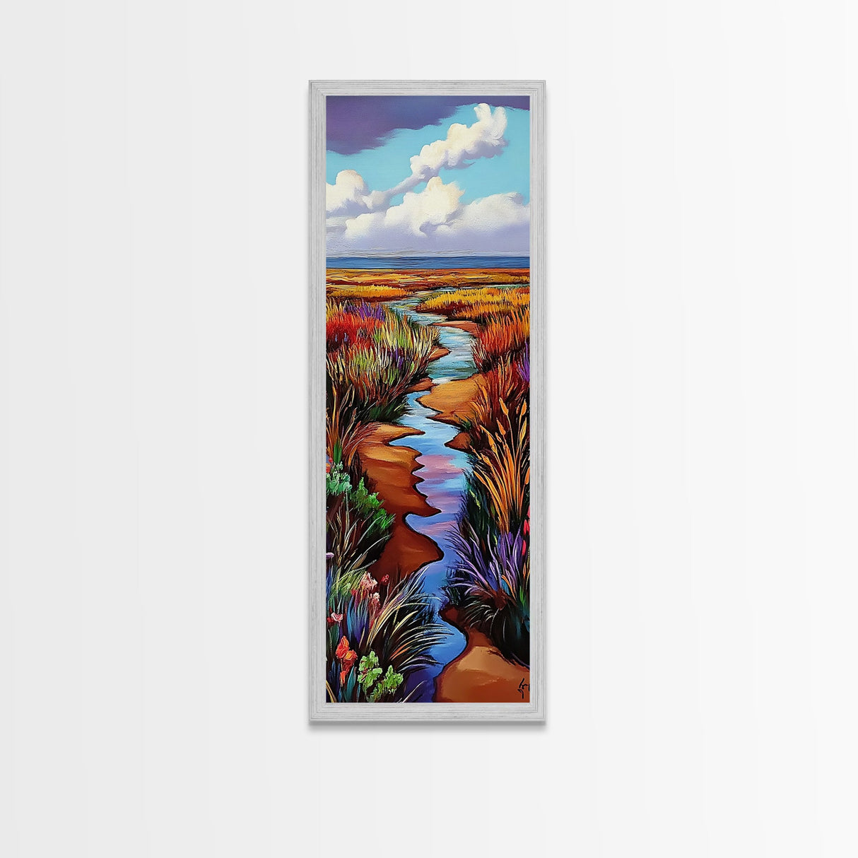 Wildflower, Marsh, Coastal, Path, Framed Canvas Print with golden autumn grasses, colorful marshland, farmhouse entryway wall decor