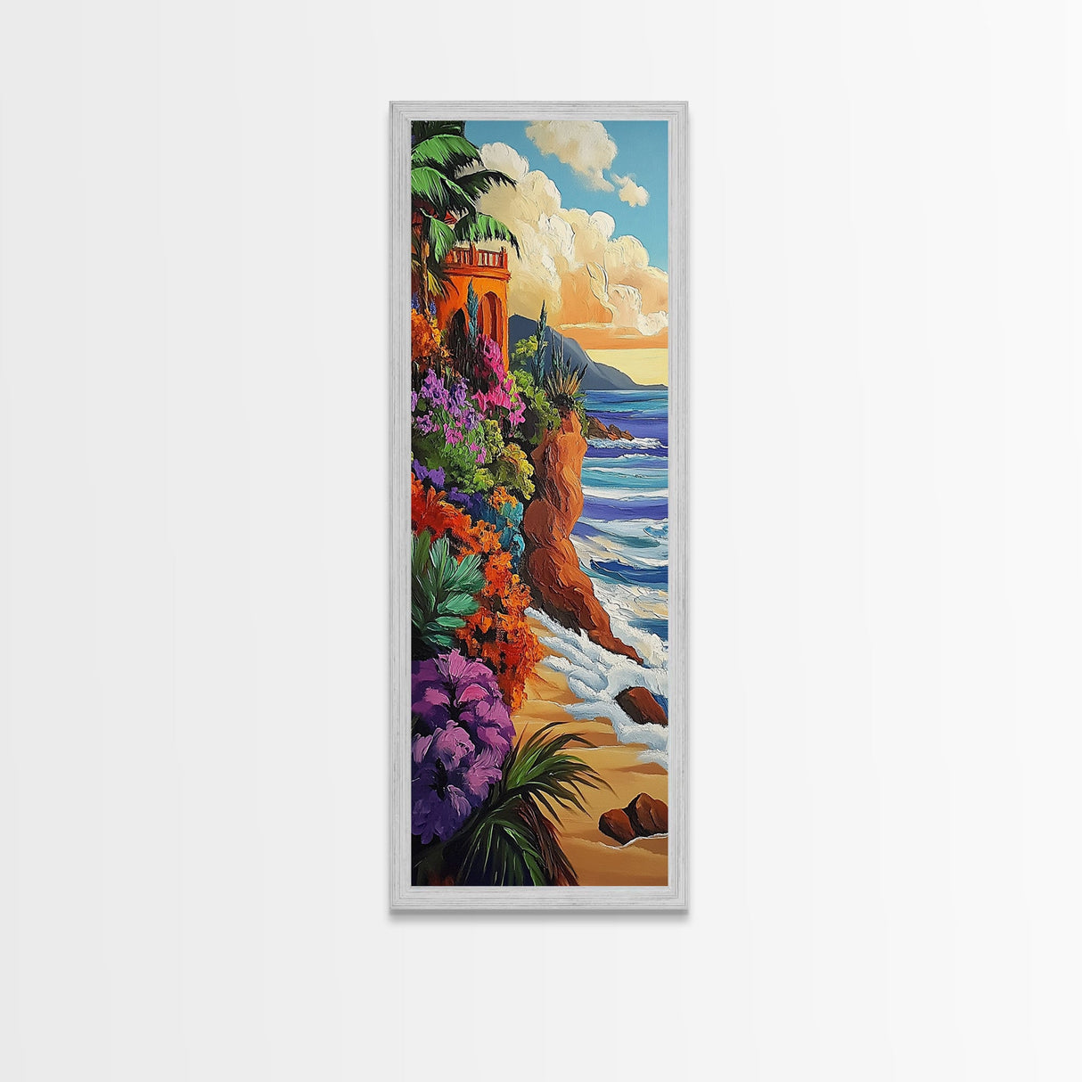 Ocean, Flowers, Cliff, Sunset, Framed Canvas Print, Vibrant Coastal Landscape, Dining Room Wall Art, Colorful Beachside Decor